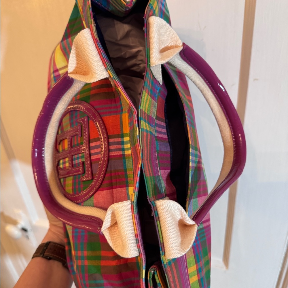 Tommy Hilfiger Plaid Madras Tote Purse TH Logo Multicolor Preppy Canvas Y2K Bag - Picture 6 of 7